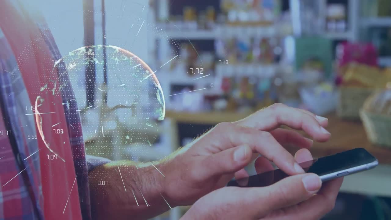 스마트폰을 사용하는 코카서스 사업가 위의 숫자와 함께 지구촌의 애니메이션