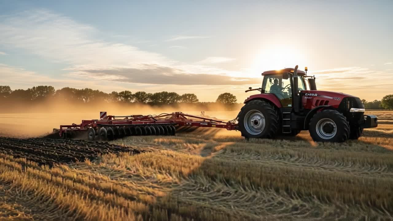 Un maestoso trattore che ara i campi all'alba, mettendo in mostra la bellezza dell'agricoltura e il lavoro degli agricoltori, illuminato da una luce dorata.