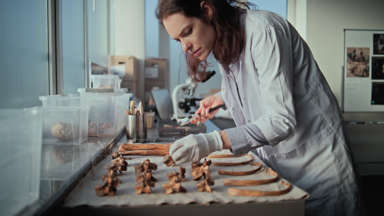 arqueólogo examinando huesos antiguos en un laboratorio