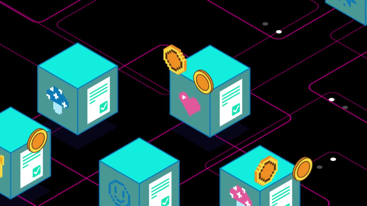 Blue Virtual Blocks NFT CryptoArt Animation on a Black Background. Blockchain Technology. NFT Metaverse Concept. Abstract Background. 4K