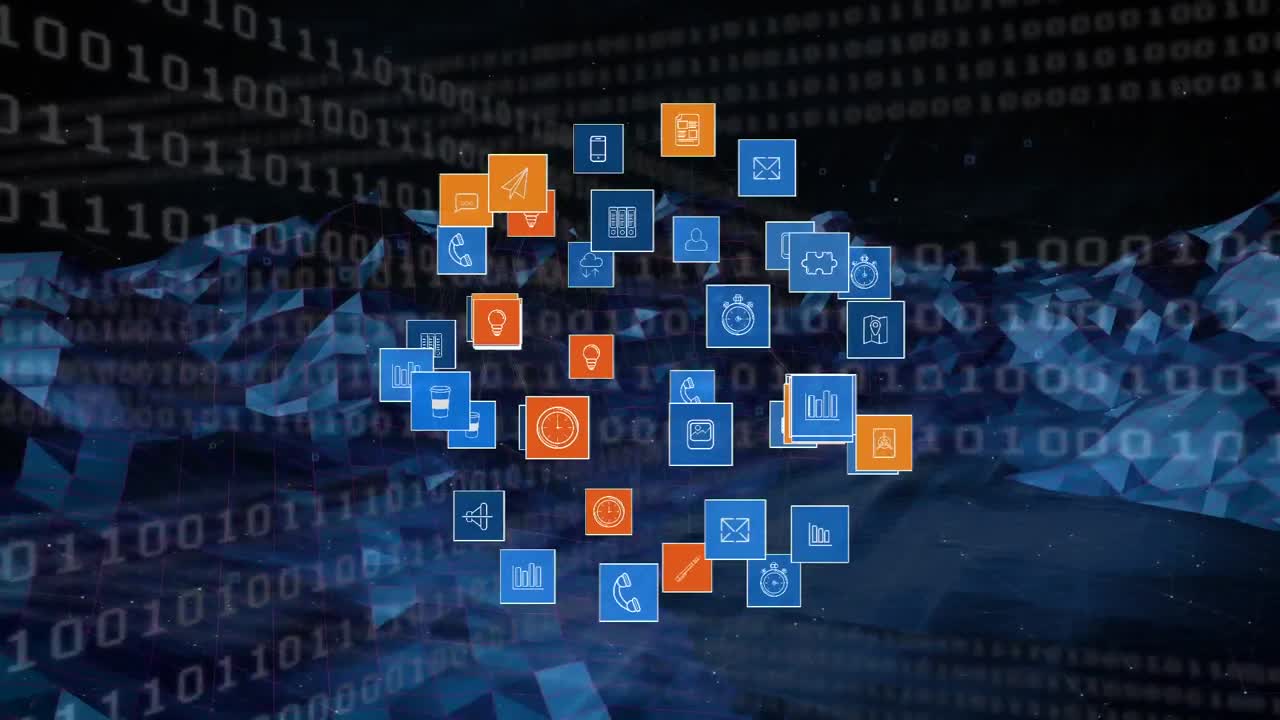 iconos de aplicaciones digitales y códigos binarios