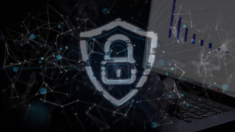 Security padlock and network of connections against person using laptop