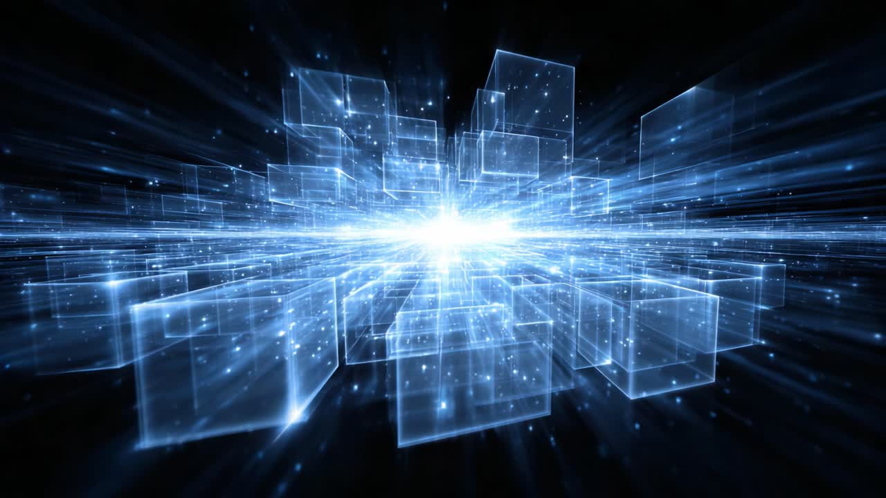 An Abstract Representation of Dynamic Light and Geometric Patterns, Showcasing the Flow of Energy Through Transparent Cubes in a Digital Space
