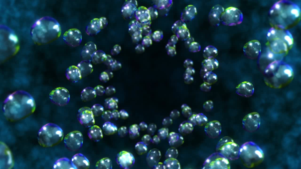 Flying many water drops on black background. Pure droplets. Transparent surface. 3D animation of air bubbles rotating. Loop animation.