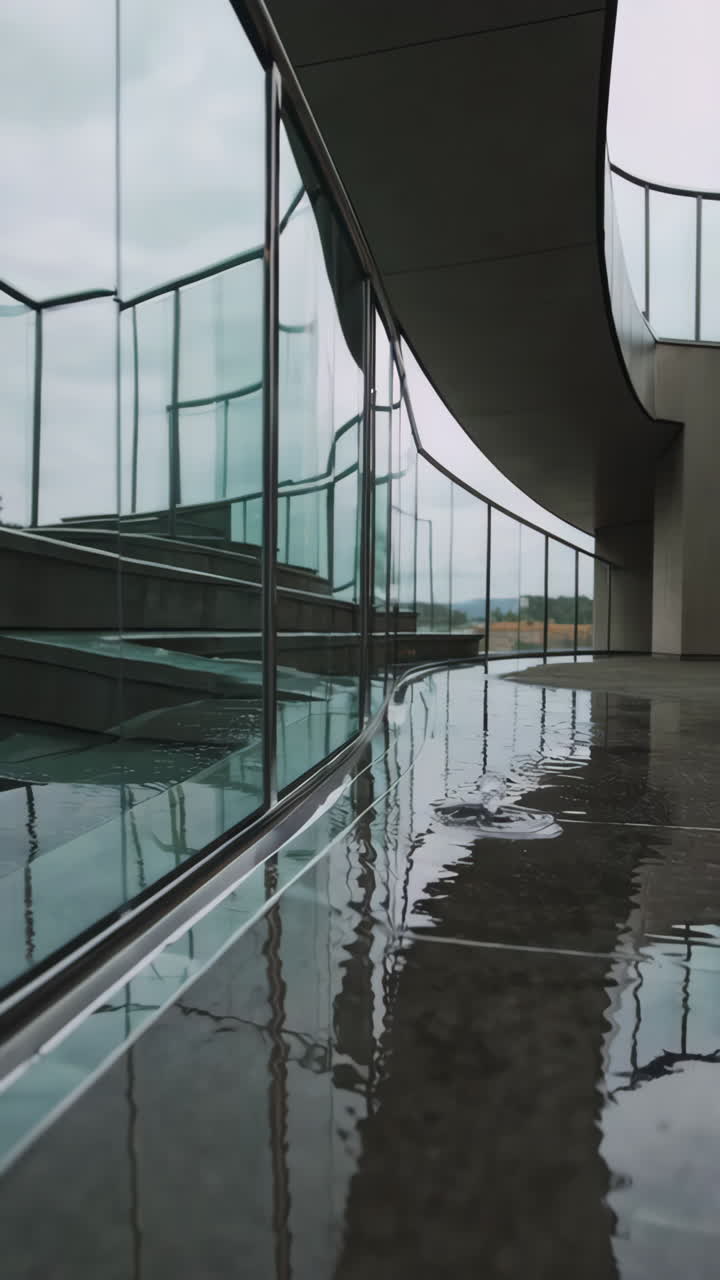 Raindrops create ripples on a reflective surface in a modern architectural setting