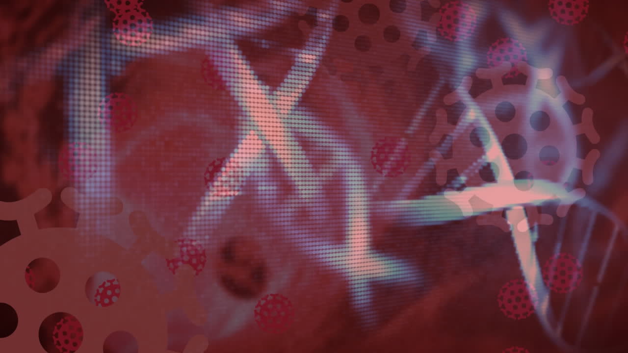 estructura del adn y células de covid-19 contra un fondo rojo