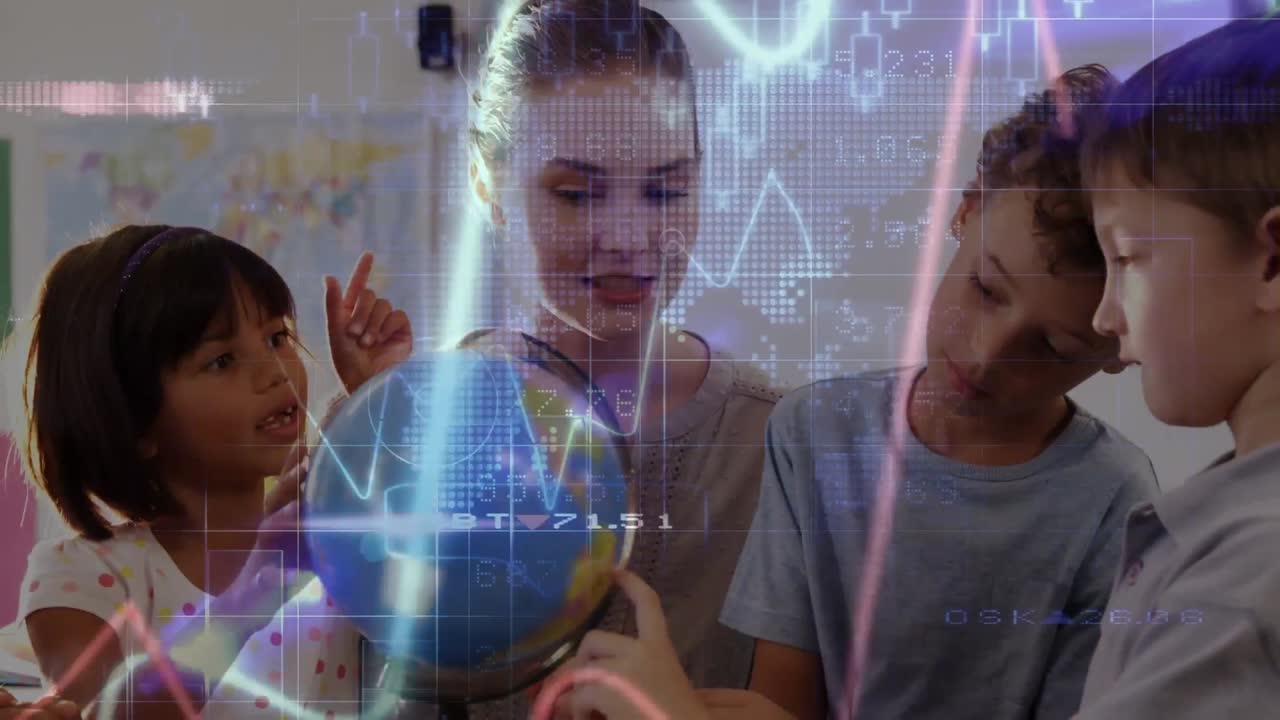Animation of data processing over schoolchildren and teacher looking at globe in class