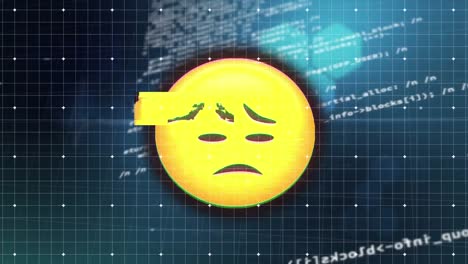 digital animation of glitch effect over sad face emoji against data processing on blue background