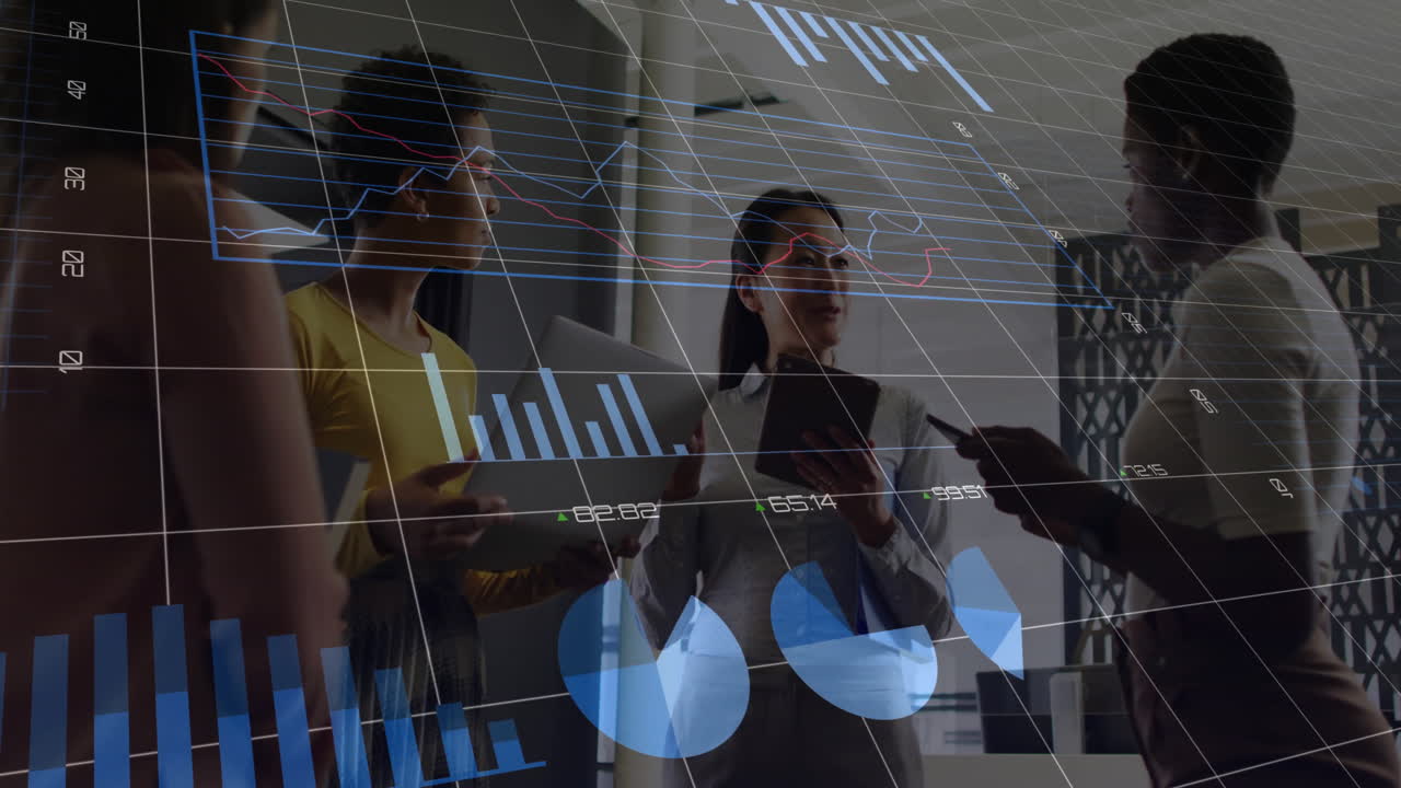 Animation of financial data processing over diverse business people in office