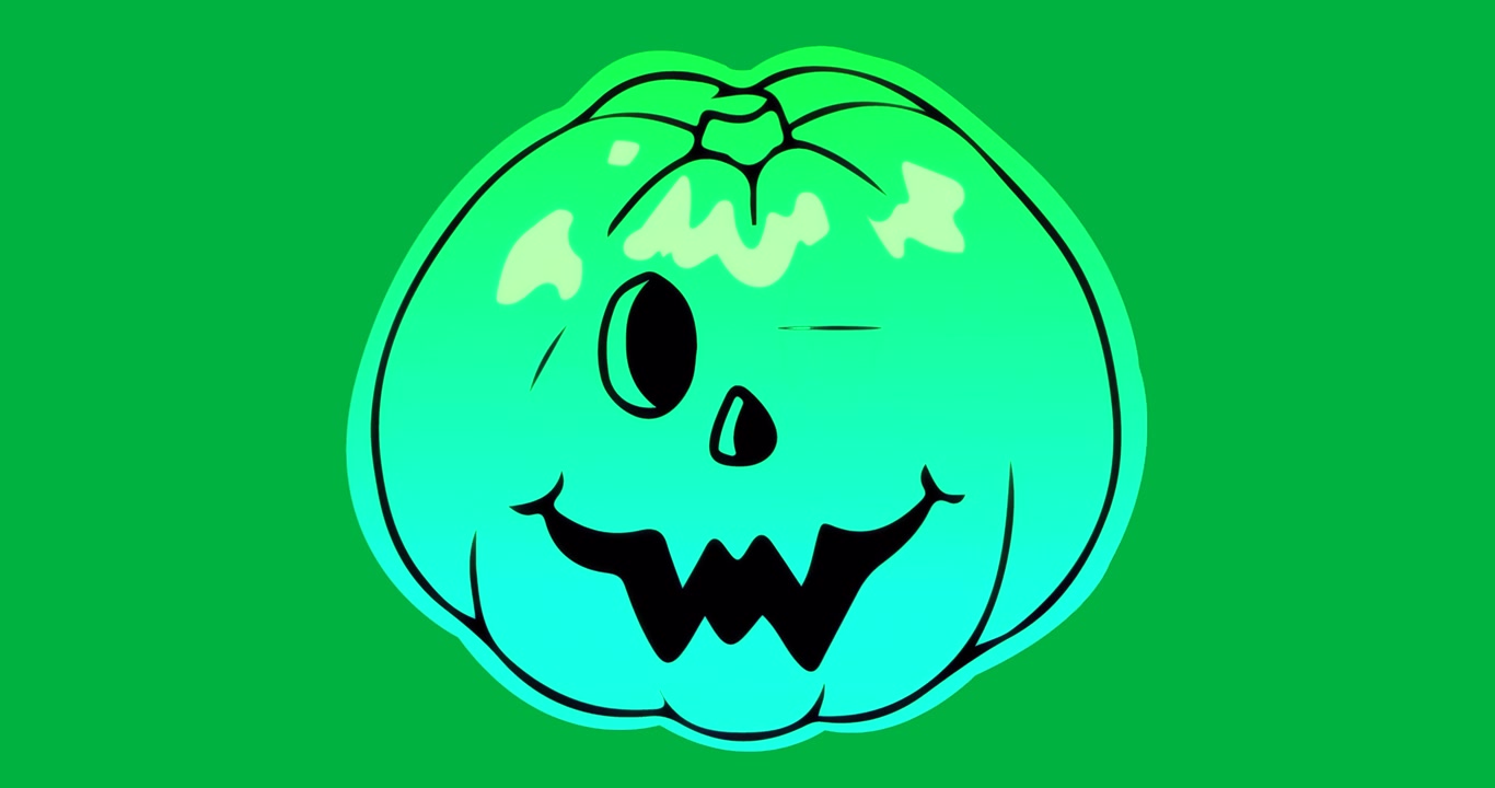 Graphic designer che crea arte di Halloween con una faccia di zucca con gradiente neon su sfondo trasparente.