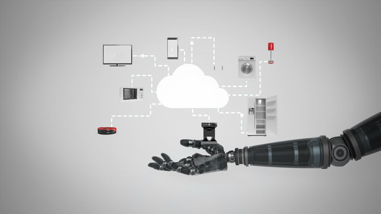 Robotic hand presenting digital home appliance icons