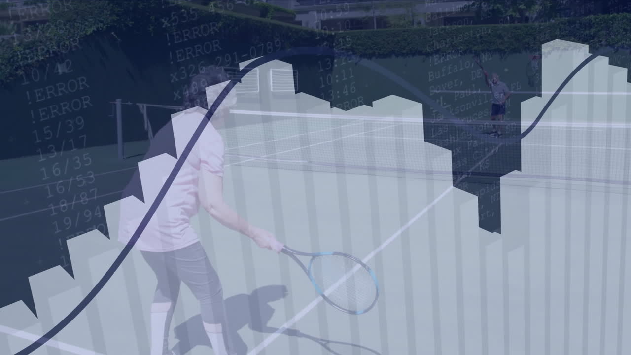 Senior couple swinging rackets on sunlit tennis court, displaying tech data charts and error codes