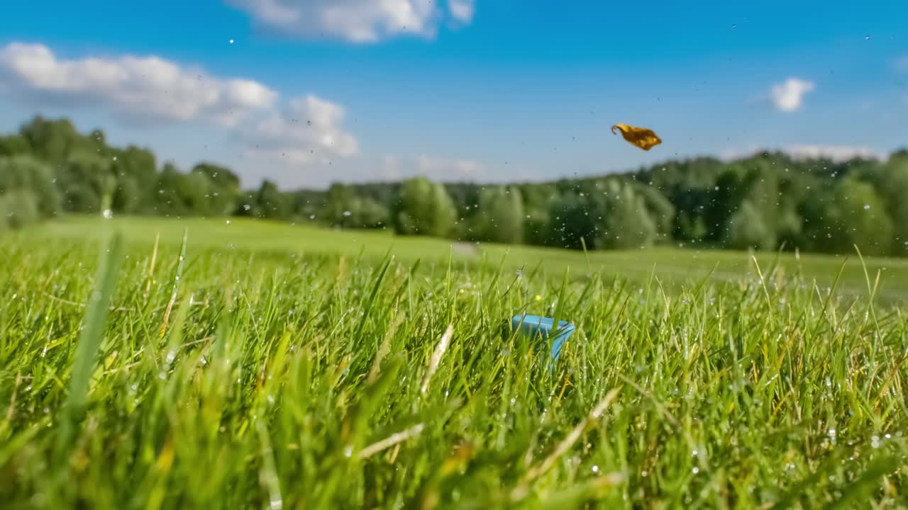 el palo de golf golpea una pelota de golf en una cámara súper lenta. gotas de rocío matutino y partículas de hierba se levantan en el aire después del impacto.