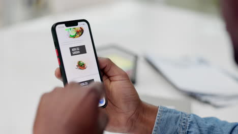 Hands,-phone-screen-and-food-on-e-commerce-app