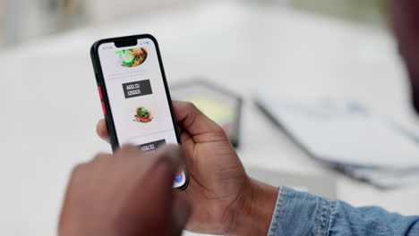 Manos,-Pantalla-Del-Teléfono-Y-Comida-En-La-Aplicación-De-Comercio-Electrónico
