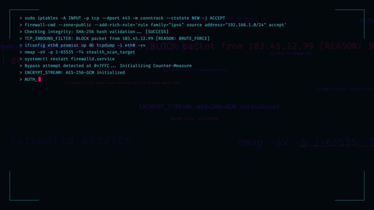 Cybersecurity Terminal Interface Displaying Network Security Commands