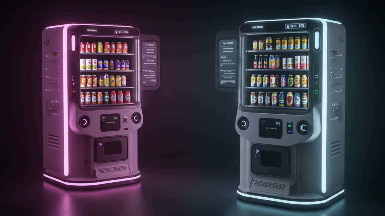 Modern Vending Machines: A Side-by-Side Comparison of Innovative Snack and Beverage Dispensers in Futuristic Design and Vibrant Lighting