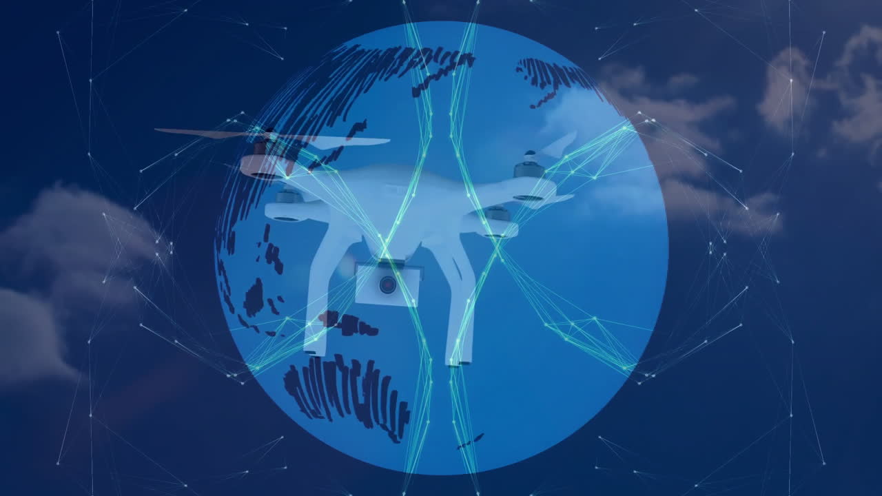 Drone flying over blue globe with network connections and clouds animation