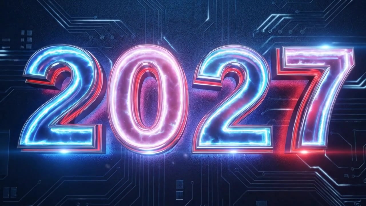 Testo digitale al neon animato 2027 su sfondo di circuito stampato