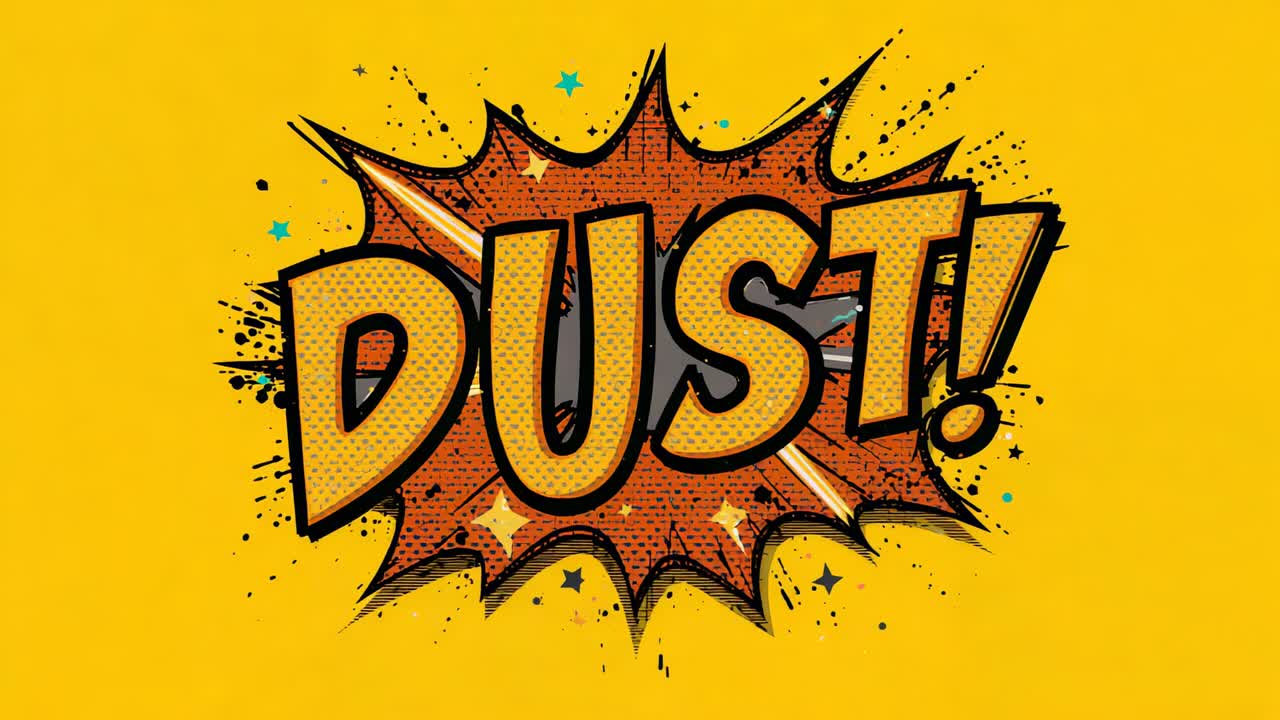 Animazione del fumetto DUST! con esplosione arancione pulsante mentre i fotogrammi iniziano su raggi gialli, promuovendo il callout