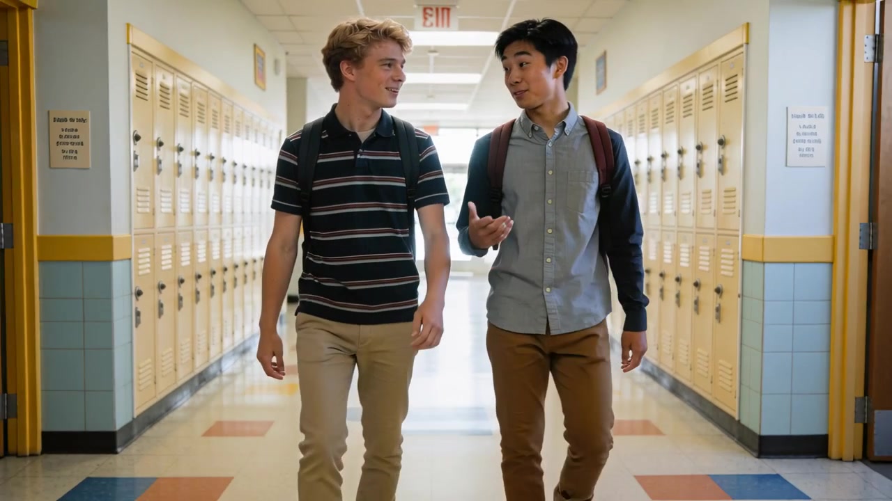 Walking teenage male students conversing in school hallway past lockers, wearing backpacks, smiling