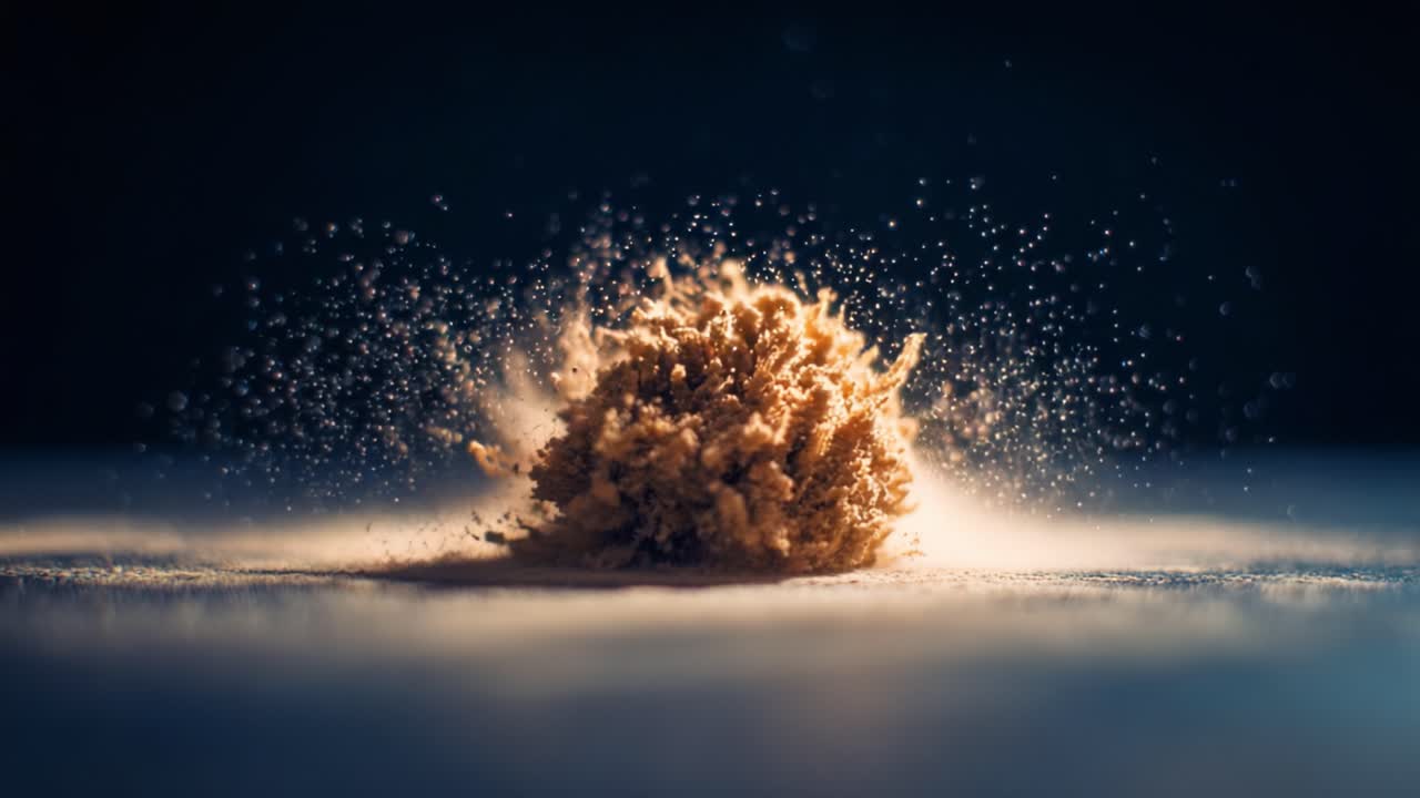 An Engaging Close-up of a Dynamic Explosion of Powder, Capturing the Moment of Flourishing Particles and a Cloud of Dust in a Stunning Visual Display