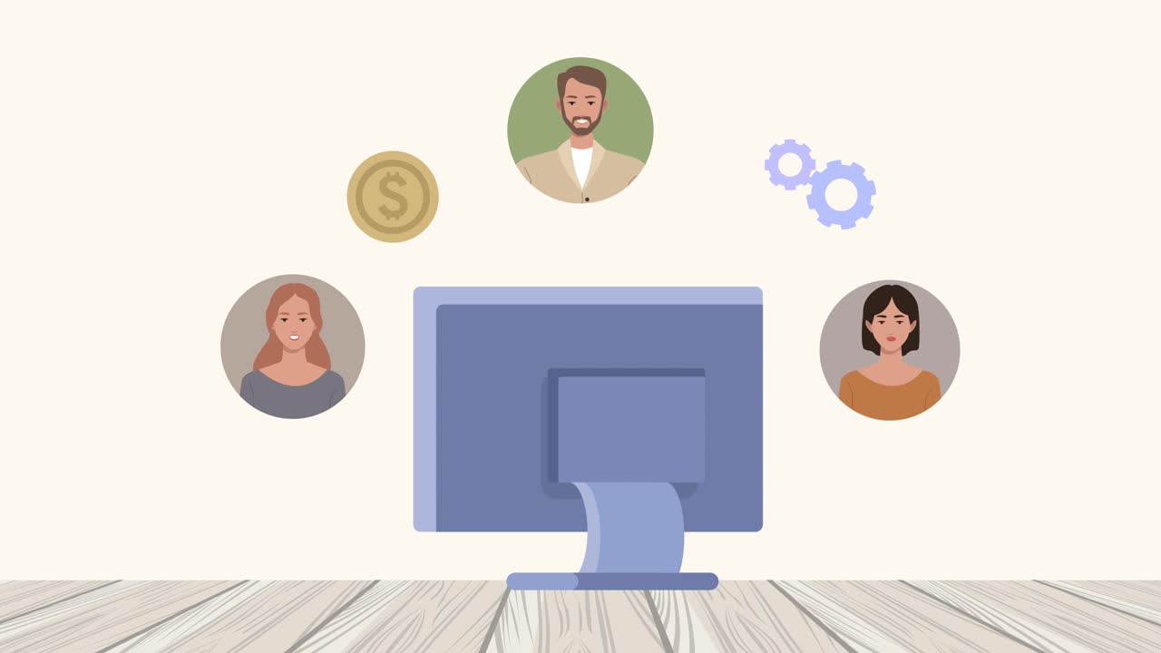 business persons with desktop and icons