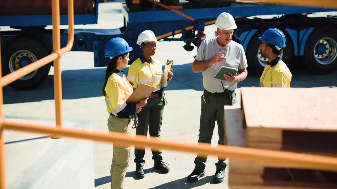 Diverse Team of Workers Discussing Project on Industrial Site