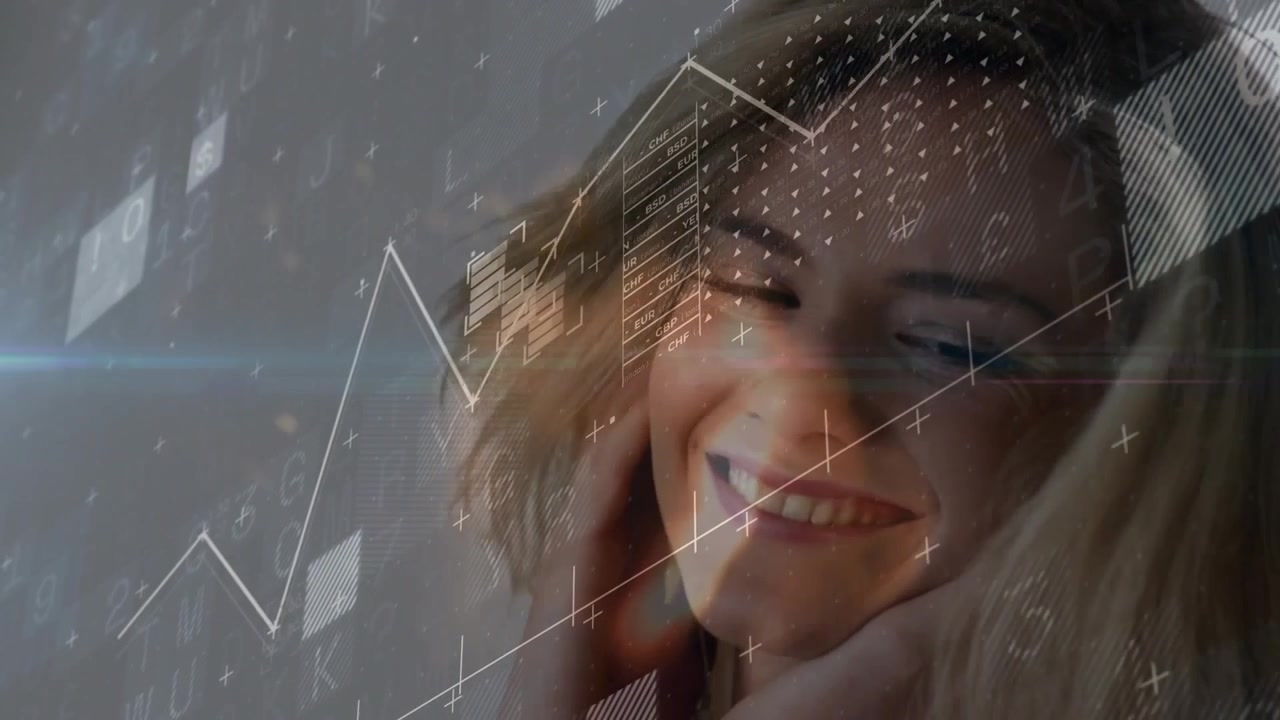 Con grafici che appaiono accanto al viso, donna che si tocca la guancia, sorridendo mentre i nodi si espandono per una demo tecnologica