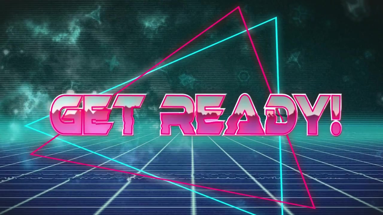 Animation of get ready text in triangles with grid pattern against space in background