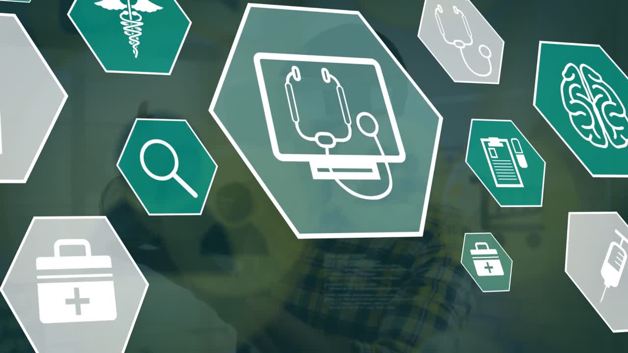 Animation of medical icons over caucasian man using vr headset
