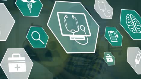 animación de iconos médicos sobre el hombre caucásico usando auriculares vr