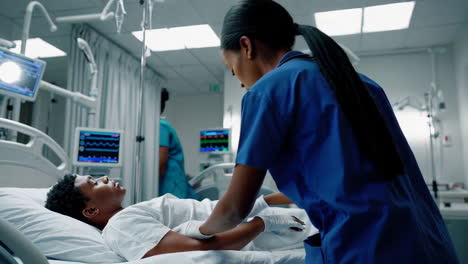 hospital room with nurse and patient
