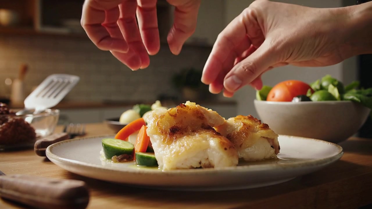 Lowering fillet onto plate, dark-sleeved hands nudging zucchini carrots on kitchen counter, serving