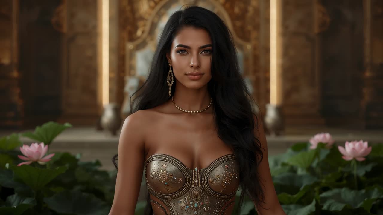 After pause woman slowly lifting right arm inside ornate hall, with metal corset, lotus blossoms