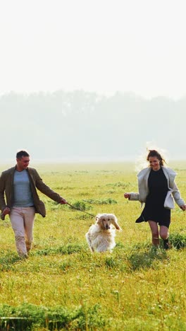 Couple Walking Dog in a Field