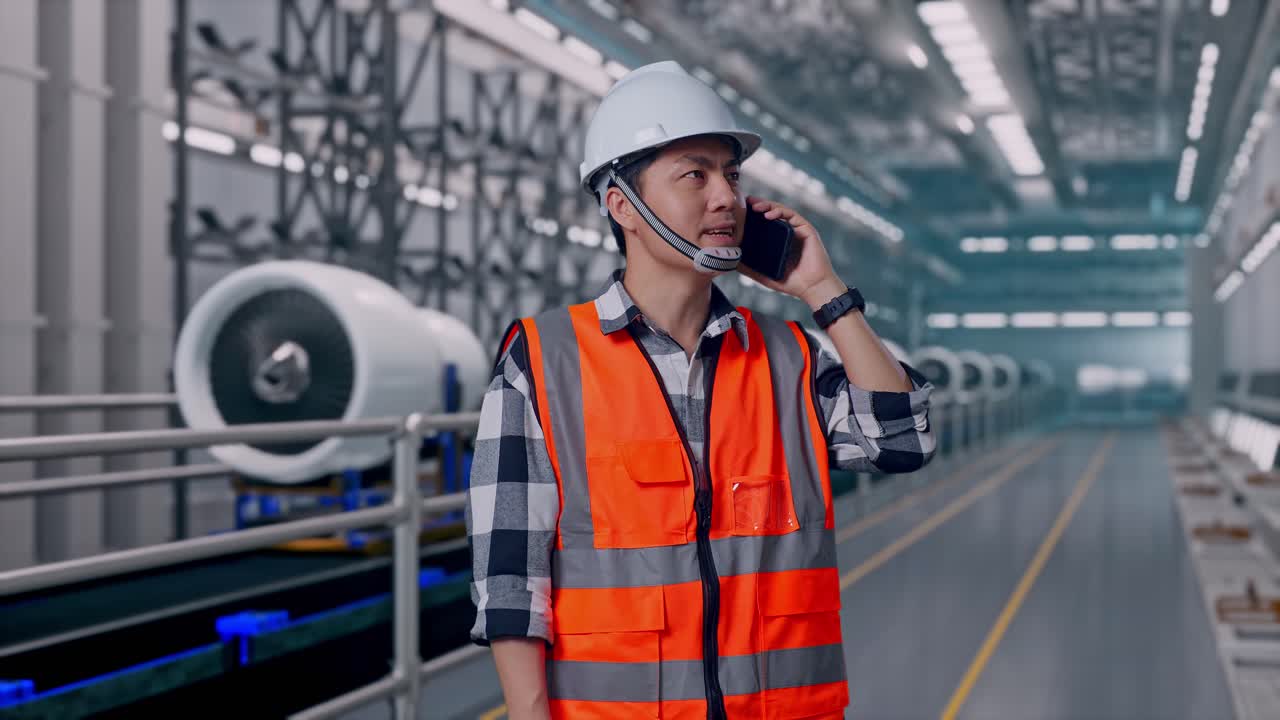 Ingeniero asiático con casco de seguridad hablando por teléfono de pie, en una línea de fabricación y ensamblaje de motores de aeronaves en una fábrica moderna.