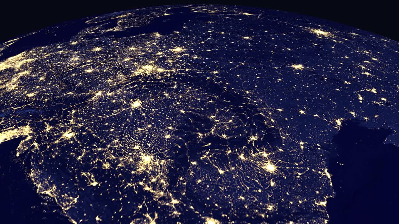 Digital animation zooms from outer space to illuminated city lights of Budapest Hungary at night