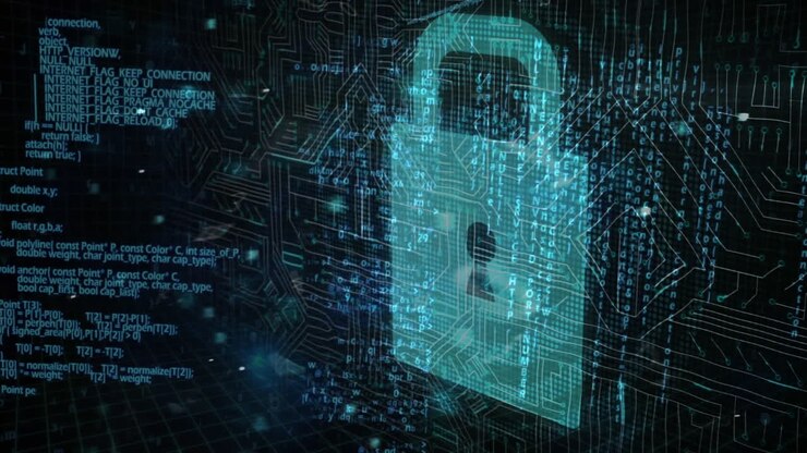 Animation of a blue padlock with data processing on black background