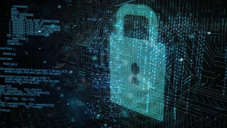 Animation of a blue padlock with data processing on black background