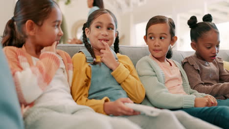 children, watching tv and happy friends on sofa