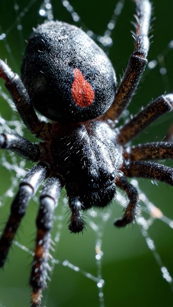 Primo piano di un ragno vedova nera che evidenzia il suo distintivo segno a clessidra rosso sull'addome, in mezzo a una ragnatela in un ambiente naturale.