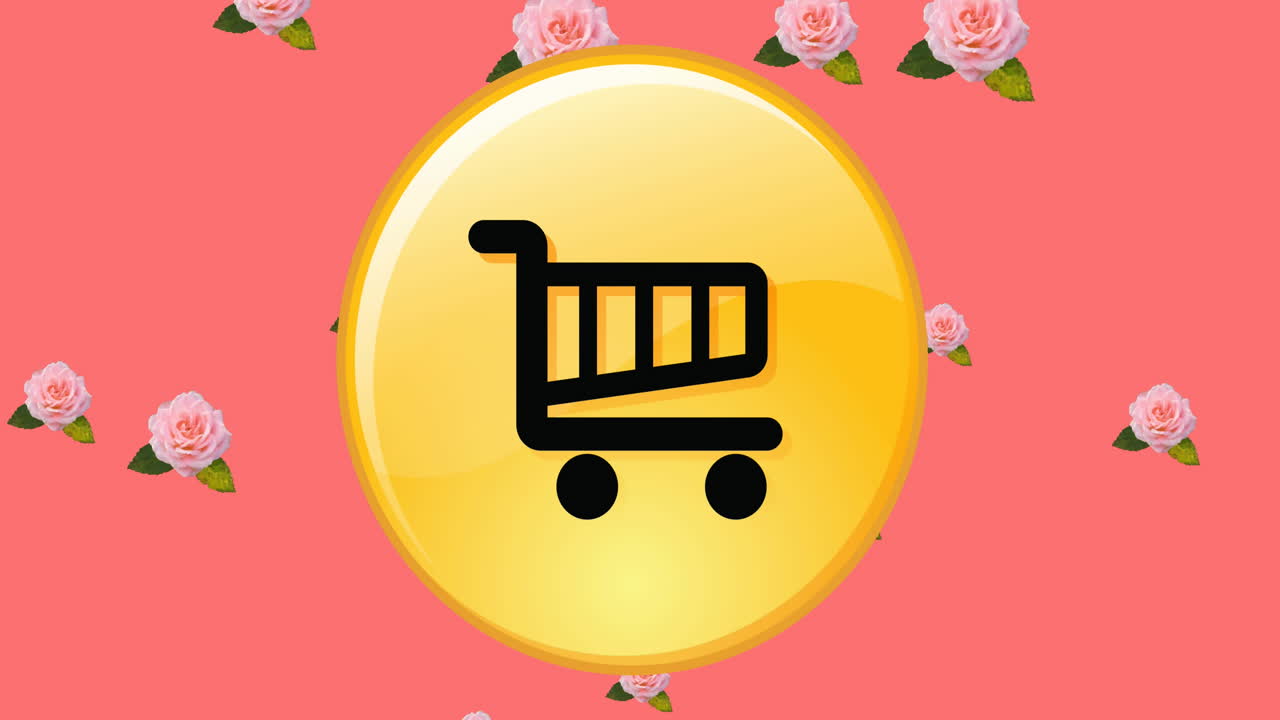 animación del icono del carrito de compras en línea sobre las flores que se mueven en movimiento hipnótico