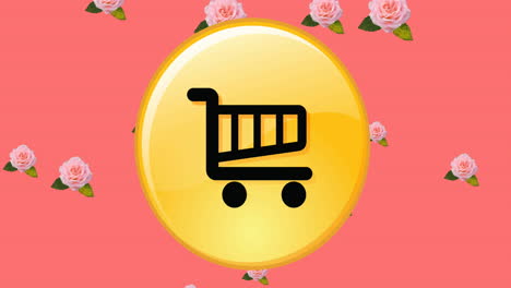 animation of online shopping trolley icon over flowers moving in hypnotic motion