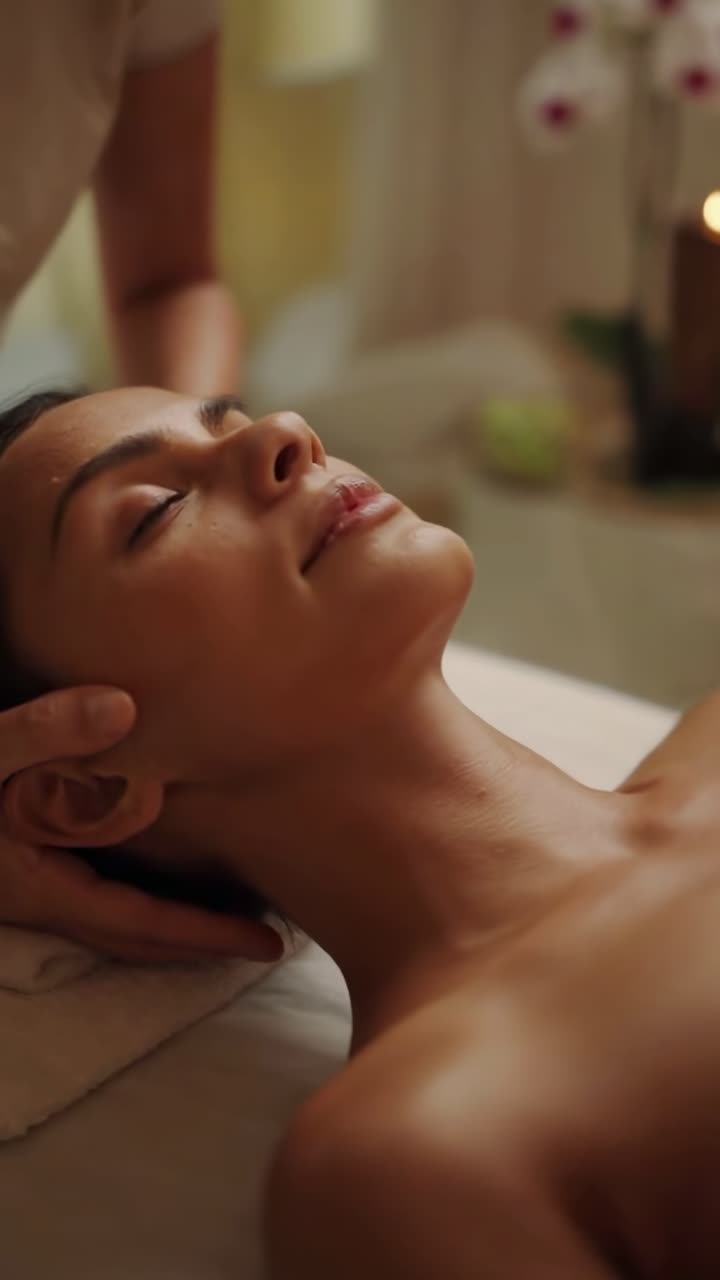 Afslappende spa-video med nærbillede af en kvinde der modtager massage i rolige omgivelser