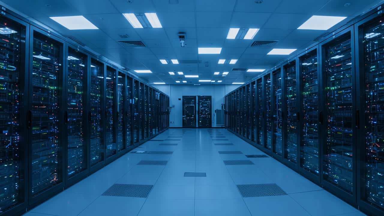 A Comprehensive View of a Modern Data Center Featuring Rows of Server Racks Illuminated by LED Lights, Showcasing Advanced Technology and Digital Infrastructure