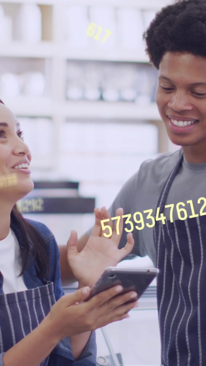 Animation of data processing over diverse shop assistants talking