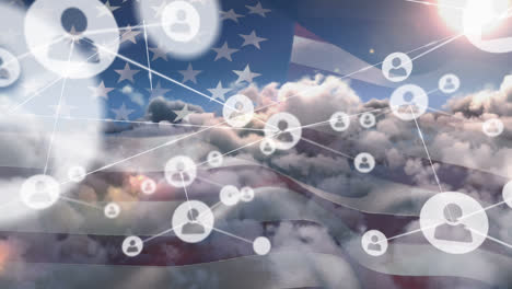 Animation-of-network-of-connection-and-icons-over-usa-flag-and-cloudy-sky