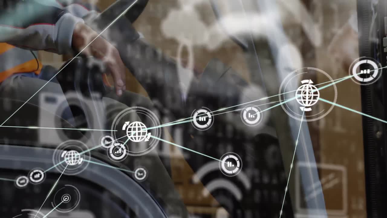 animación de iconos digitales, red de conexiones sobre hombre biracial trabajando en el almacén.