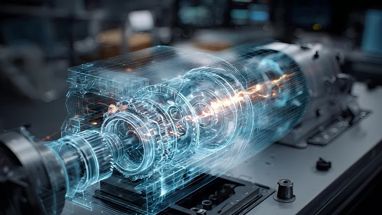 Detailed view of an electric motor's components in a digital rendering
